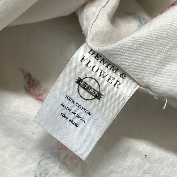 Denim Flower Button Up Shirt XL White Feather All Over Print 100% Cotton FLAW - Picture 6 of 9